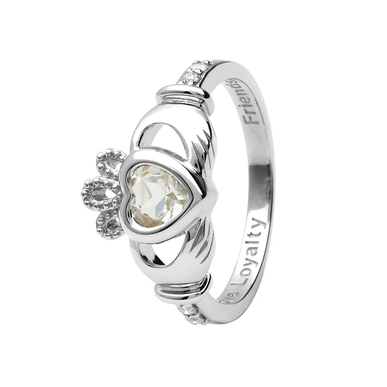 14K Gold Claddagh April Birthstone Ring Genuine White Topaz and Diamonds - 14L90WT - Image 2
