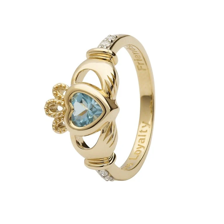 14K Gold Claddagh December Birthstone Ring Genuine Blue Topaz and Diamonds - 14L90BT