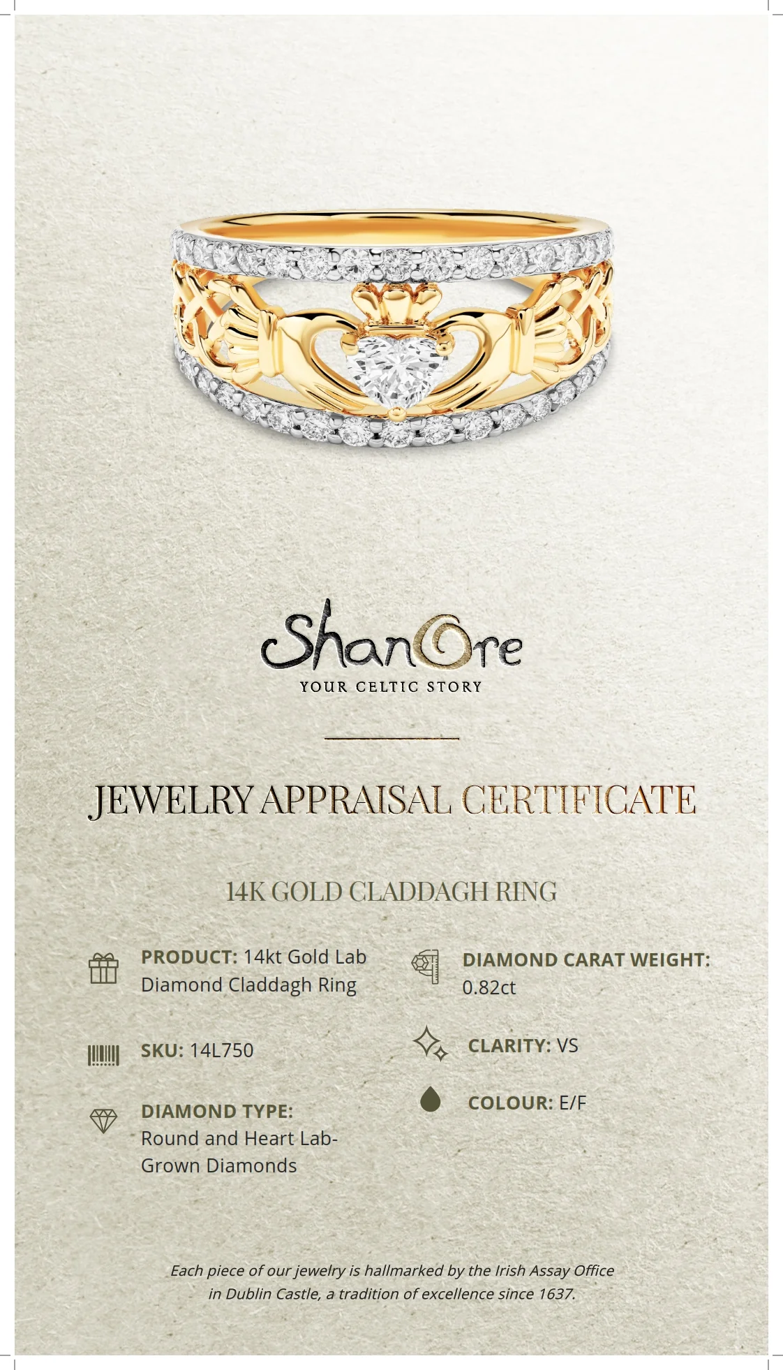 14K Yellow Gold Claddagh Ring with Lab Created Diamonds - 14L750 - Image 4