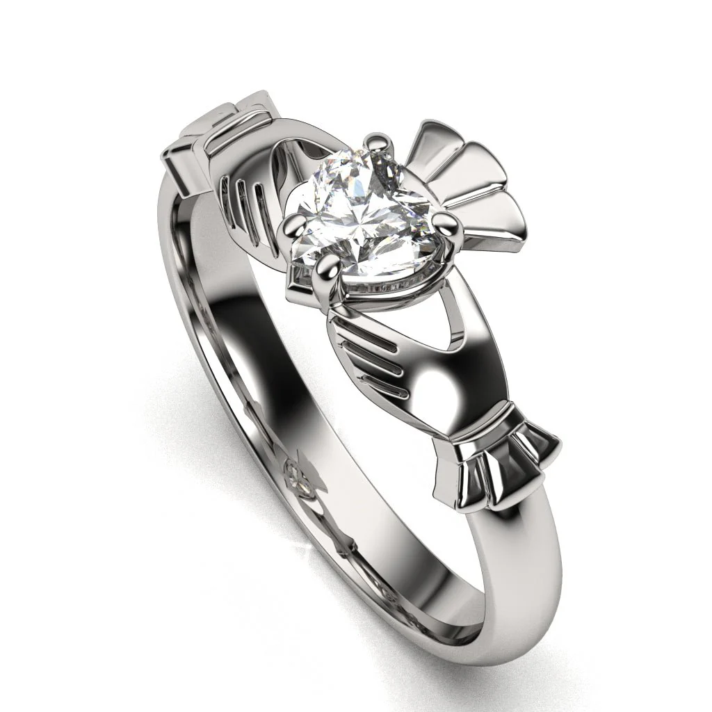 Half Carat Lab-Created Diamond - 14K WHITE Gold Claddagh Ring <font color="#FF0000"> IN STOCK!  Ships in 48 Hours!</font> - Image 11