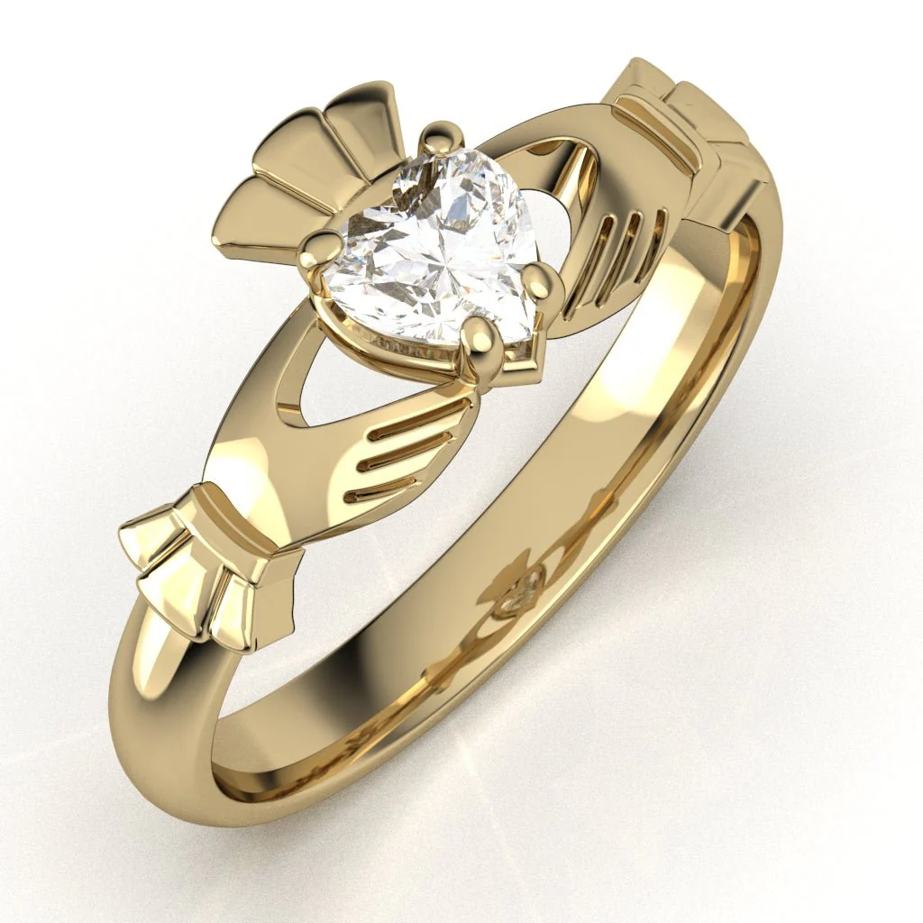 Half Carat Lab-Created Diamond - 14K YELLOW Gold Claddagh Ring <font color="#FF0000"> IN STOCK! Ships in 48 Hours!</font>