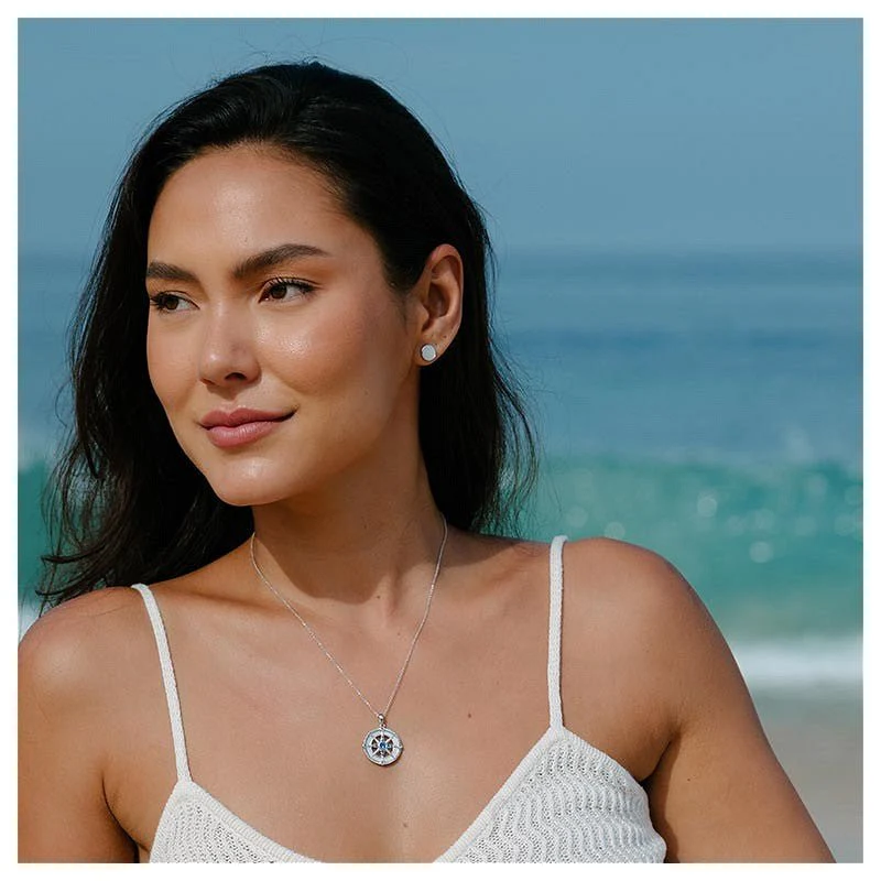 Sterling Silver Mother of Pearl Compass Necklace with Sapphire Crystals and Chain - OC614 - Image 3