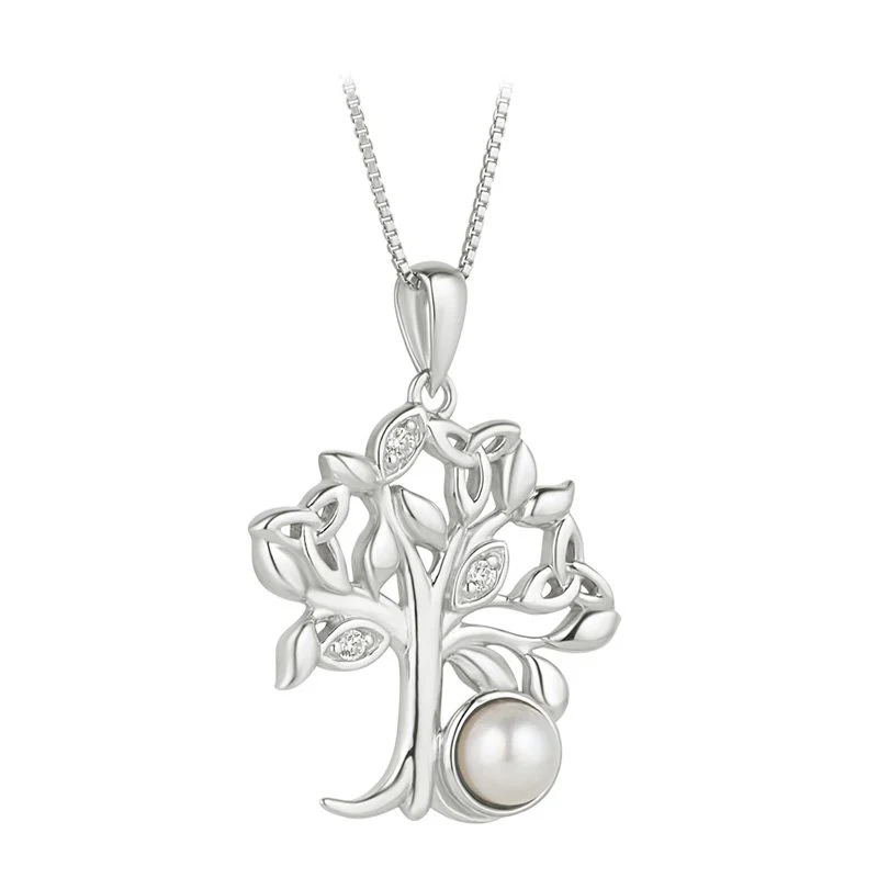 Sterling Silver Freshwater Pearl Trinity Knot Tree of Life Pendant with Chain - S47061